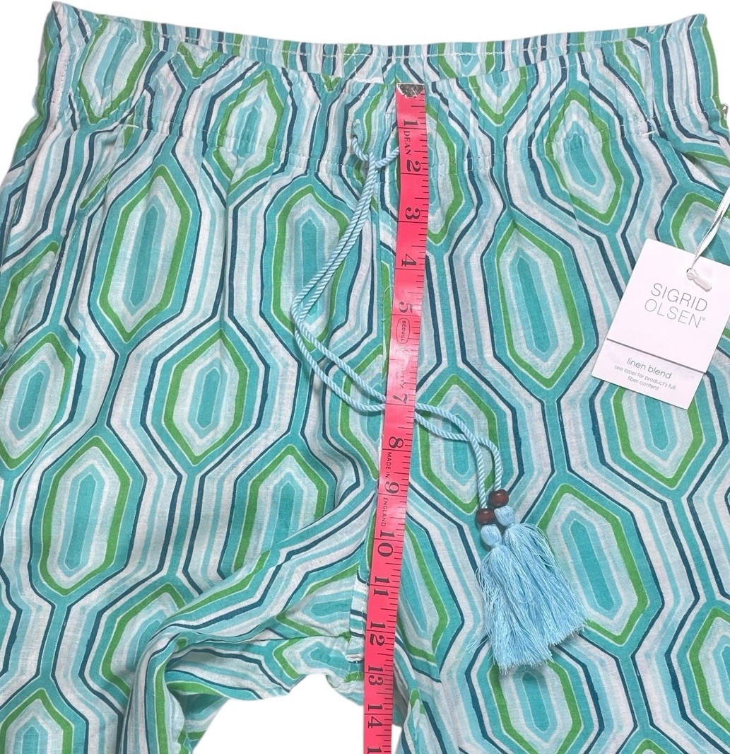 NEW Sigrid Olsen Linen Blend Coastal Beach Pants Womens M Blue Aqua Geometric