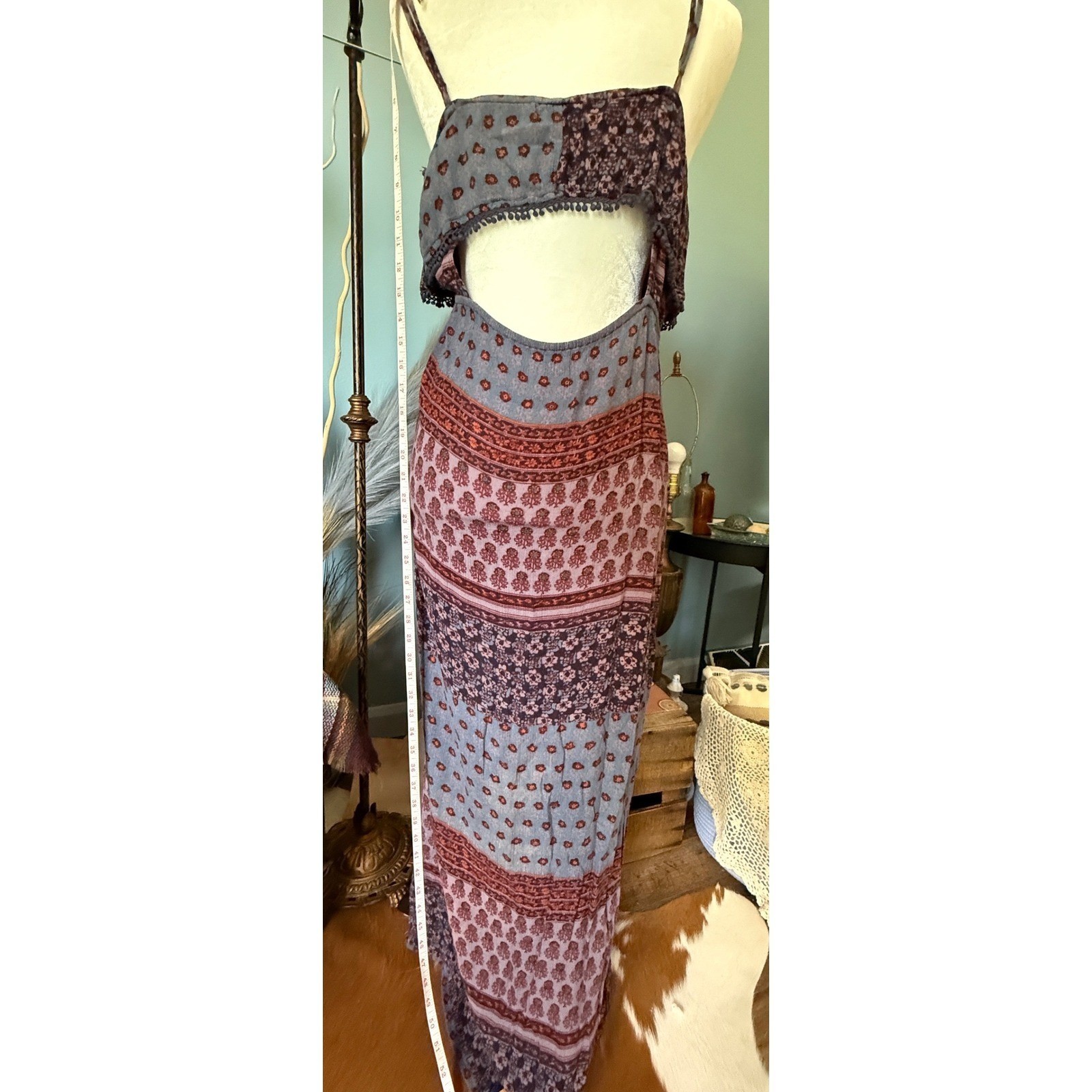 Boho Floral Pom Pom Trim Cutout Back Maxi Dress Purple M