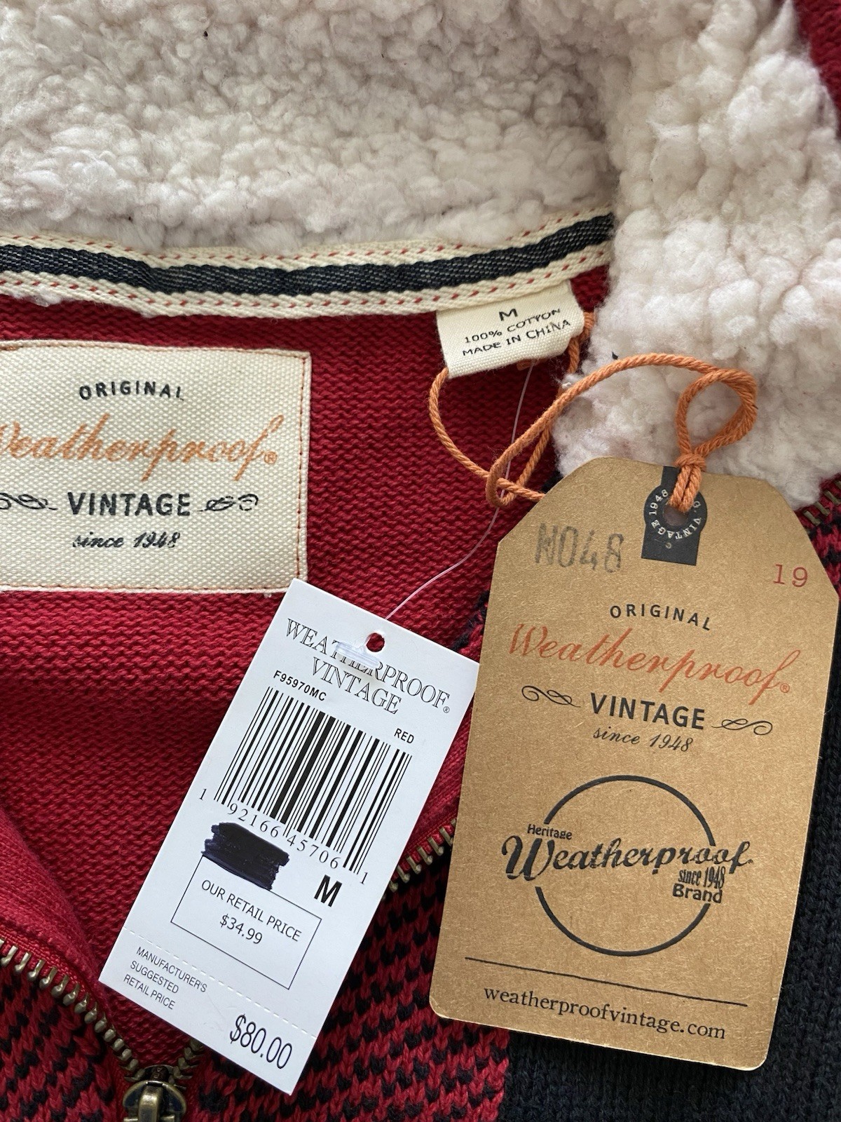 Weatherproof VINTAGE 100%Cotton Mens 1/4 Zip Pullover Sweater Red/black Sz M