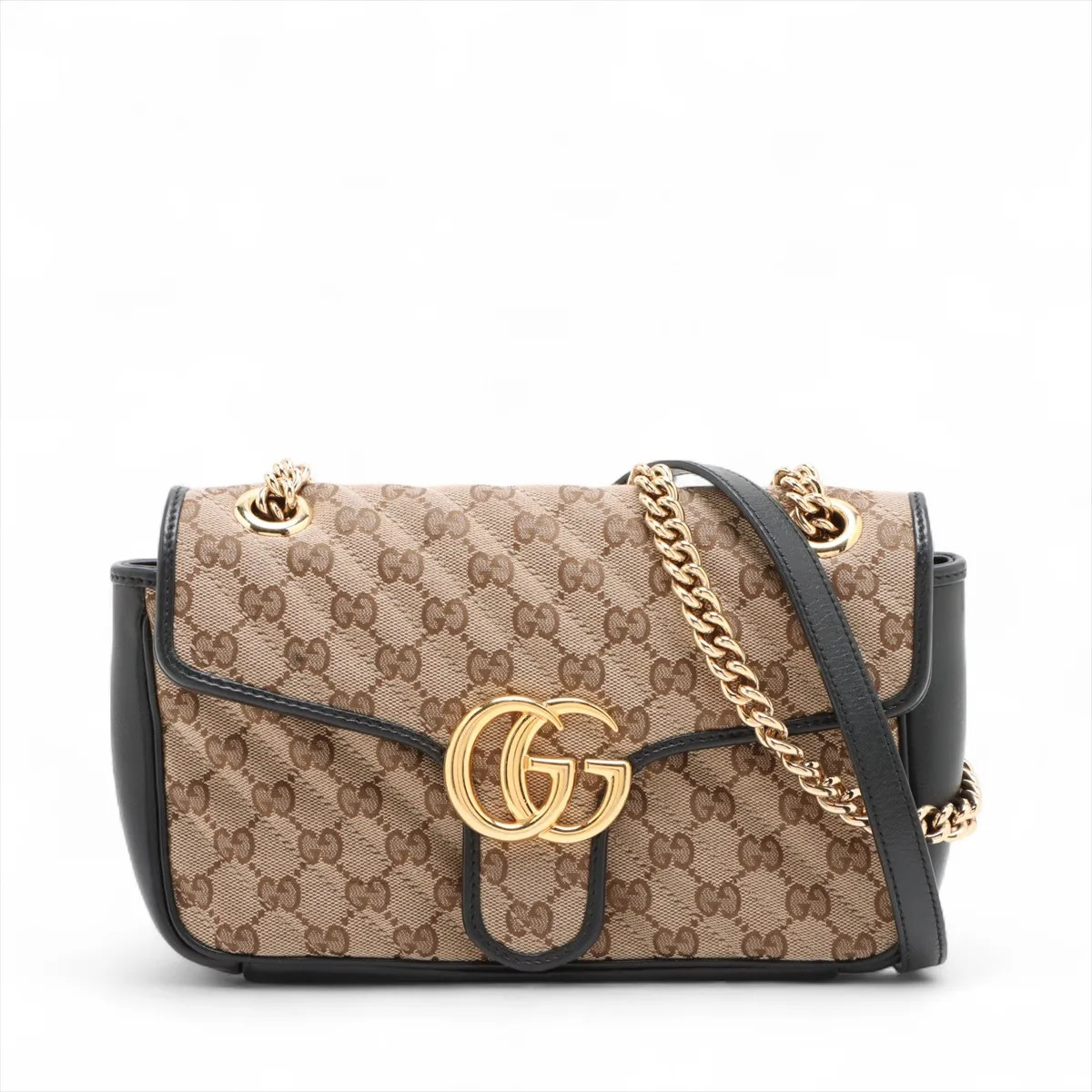 Gucci GG Marmont Canvas & Leather Chain Shoulder Bag Beige x black 443497
