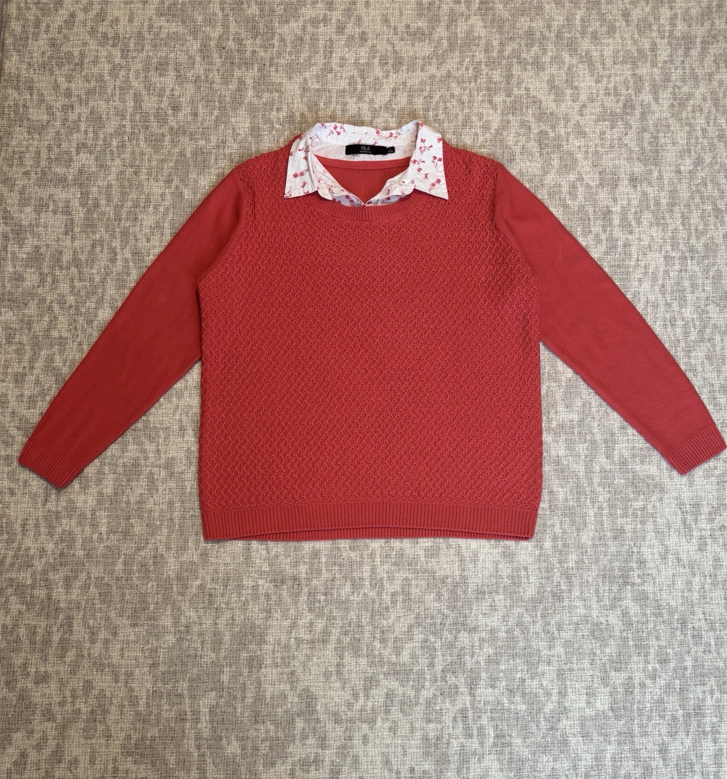 Isle Essentials Cable Knit Sweater With Shirt Collar (Coral/Salmon Pink) L 18-20