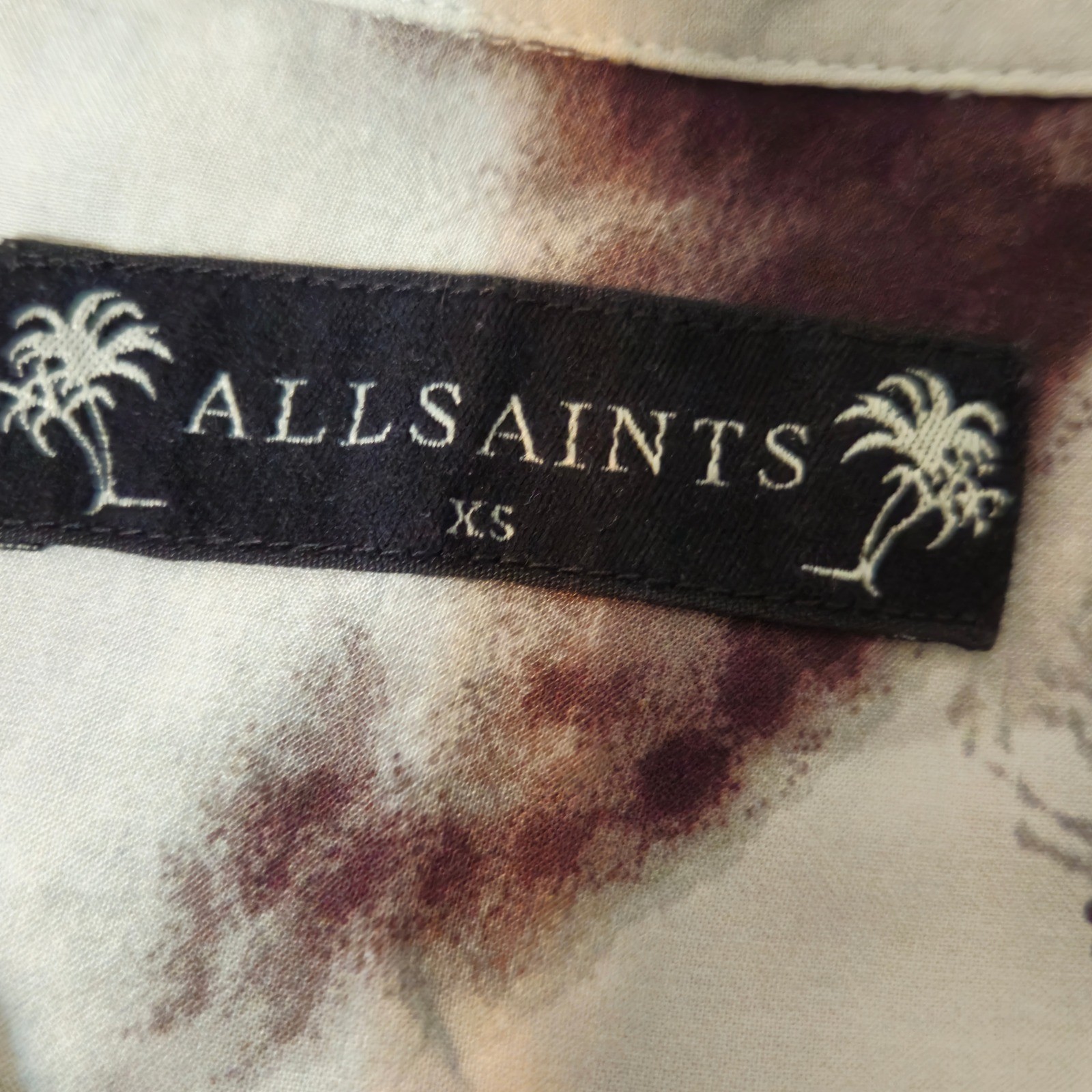 AllSaints Button Down Shirt Mens L Grey Japanese Landscape Print Short Sleeve