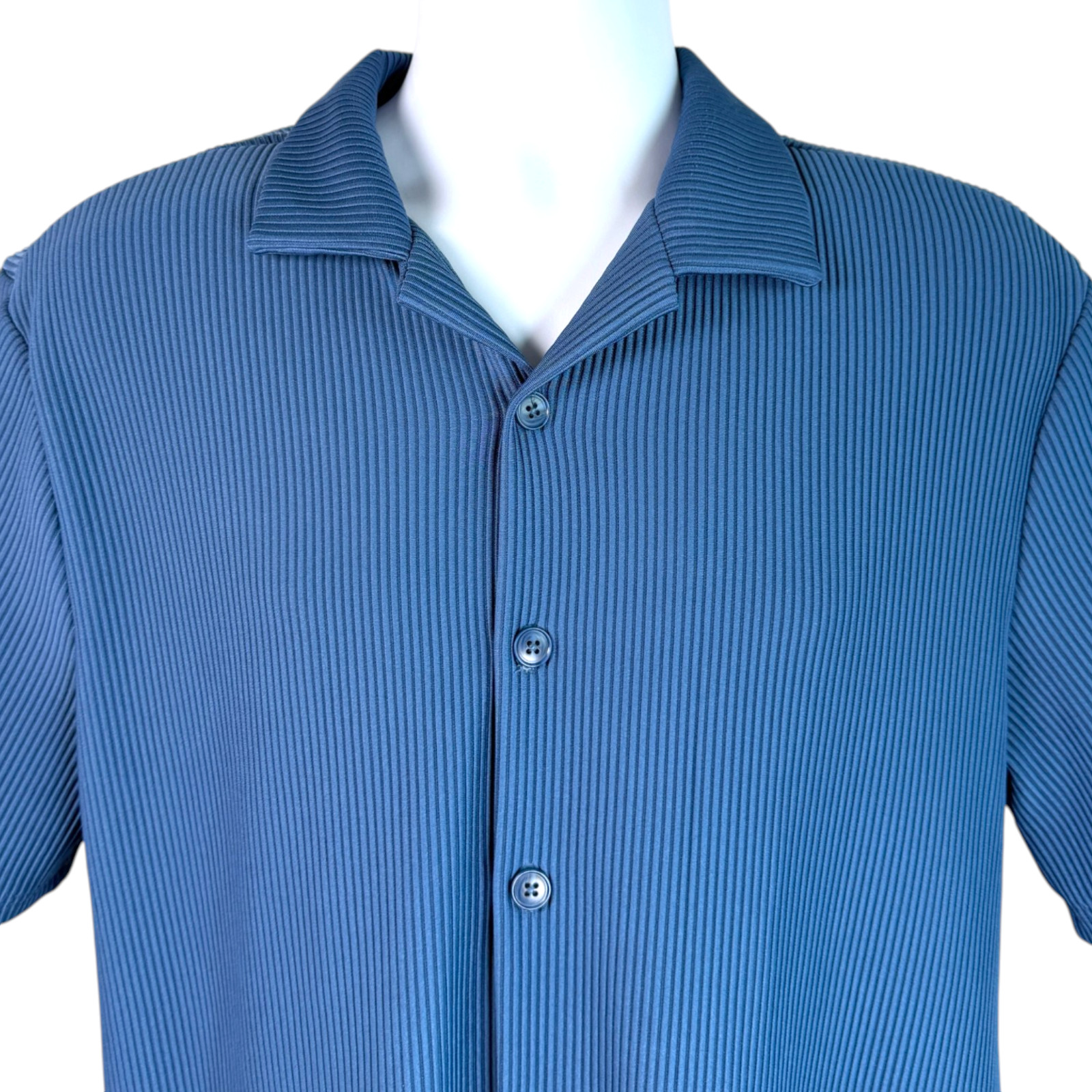 Cove Mens Ribbed Textured Button Front Shirt Sz L Blue Stretch Coastal Resort
