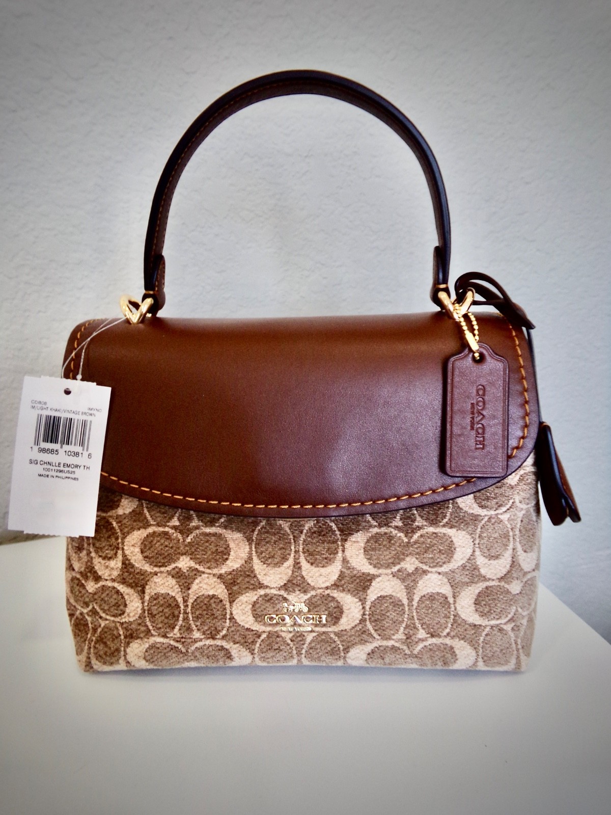 New Coach Handbag, Leather, Vintage Brown, Khaki & Gold in Signature Chenille