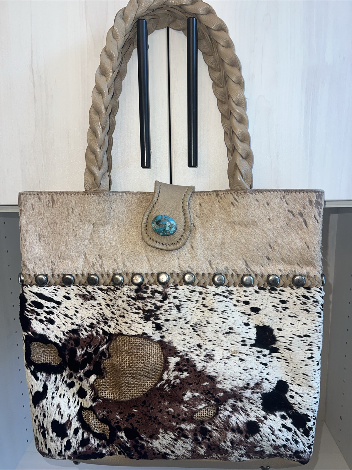 Paige Wallace Designs Acid Washed Cowhide Cafe Tote w/Turquoise Stone NWOT