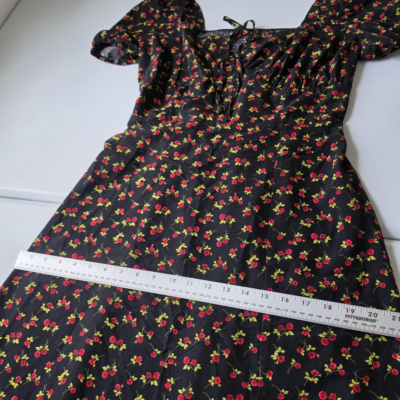 Whimsigoth Dark Romantic Dress Womens Large Black Floral Sweetheart Puff Sleeve