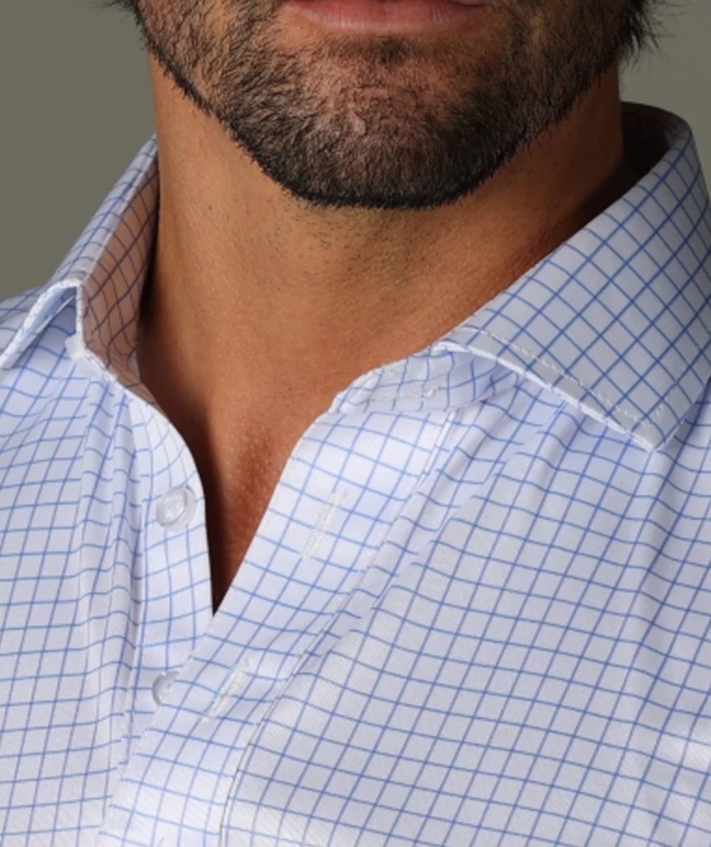 NWT Collars and Co Medium Polo Semi-Spread Thin Blue Check Mens Golf Career
