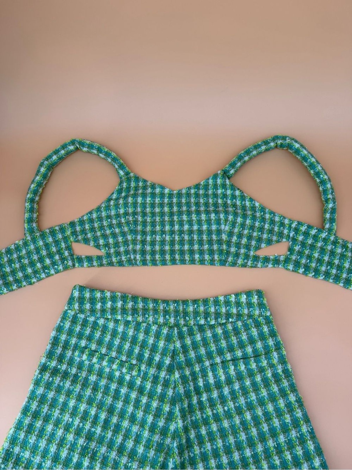 Brazilian Boutique Brand Aesthetic Green Tweed Crop Top and Shorts Set