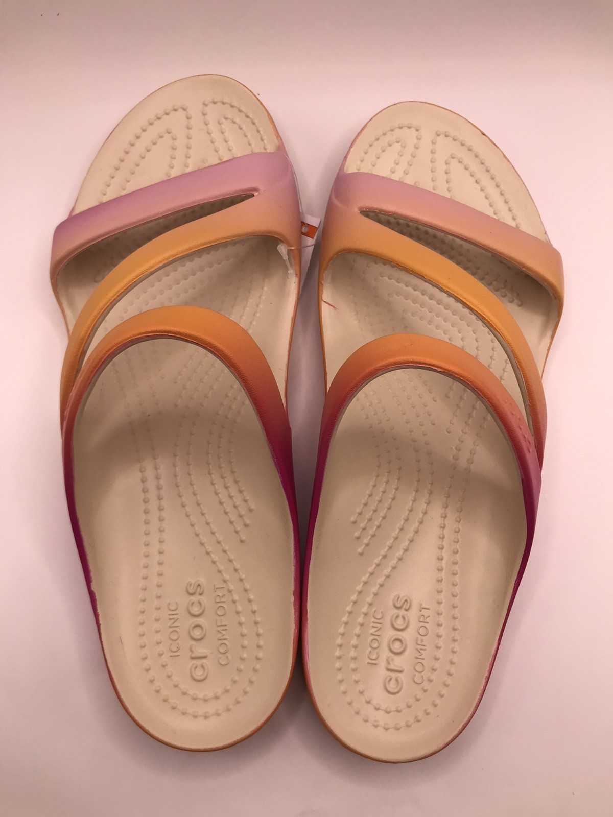 WOMEN’S CROCS KADEE II PINK/ORANGE OMBRE Z STRAP WATER FRIENDLY SANDALS 9 NWT