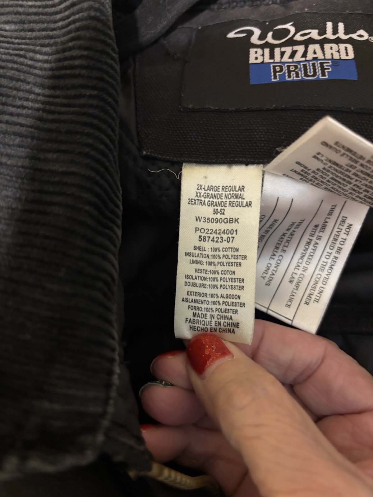 Walls Blizzard Pruf Jacket Black Size 2XL 50-52 Pockets Zip Snap Insulated Lined