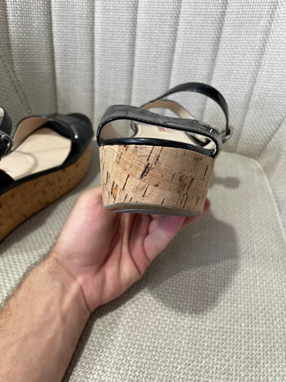 Prada Black Patent Leather and Cork Wedge Sandals Size IT 37 US 7