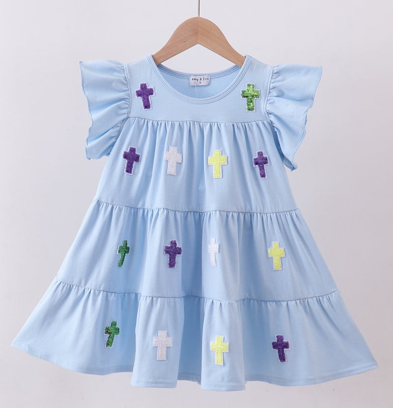 Abby & Evie Toddler Girl Blue Cross Sequin Tiered Dress Size 3T NEW