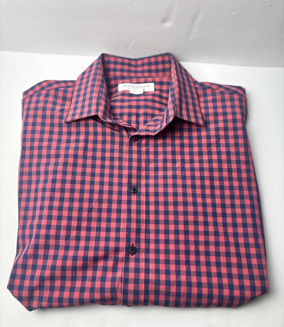 Mizzen+Main Mens M Trim Fit Button Down Plaid Performance Dress Shirt Red Blue