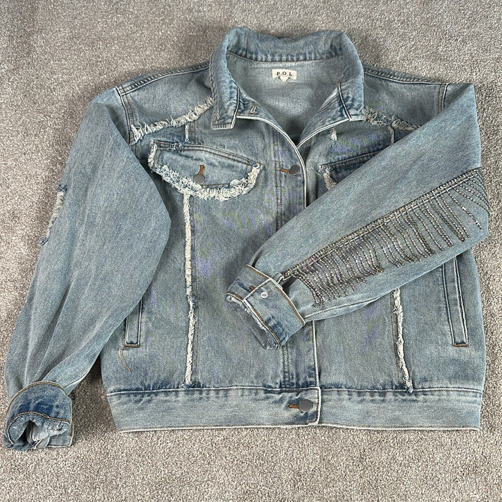 Distressed, rhinestone, fringe, jean jacket, grunge, punk band rock