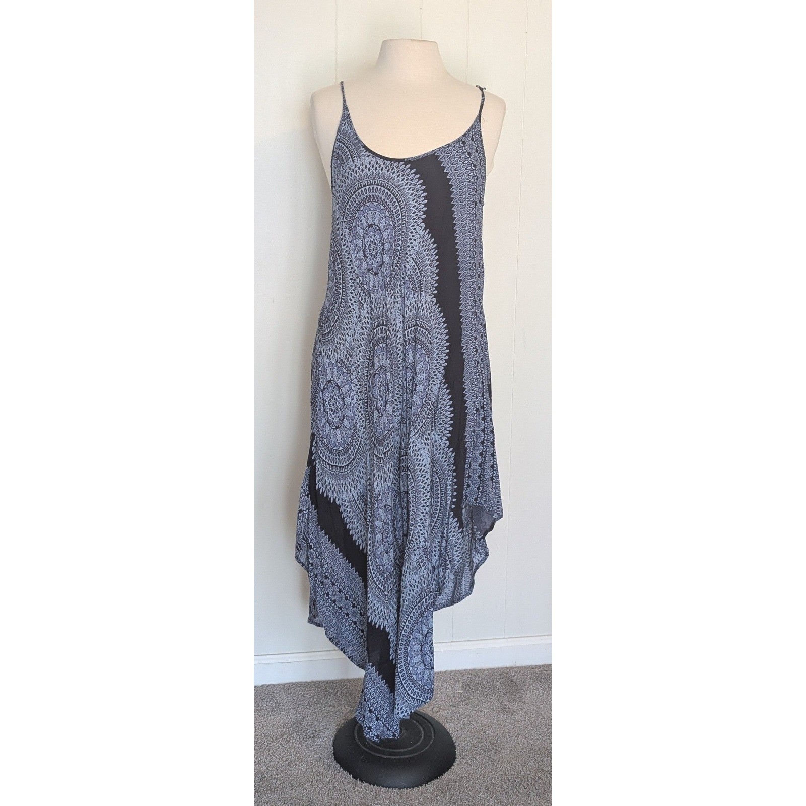 India Boutique Blue Mandala Handkerchief Hem Midi Dress Womens Boho Summer Rayon
