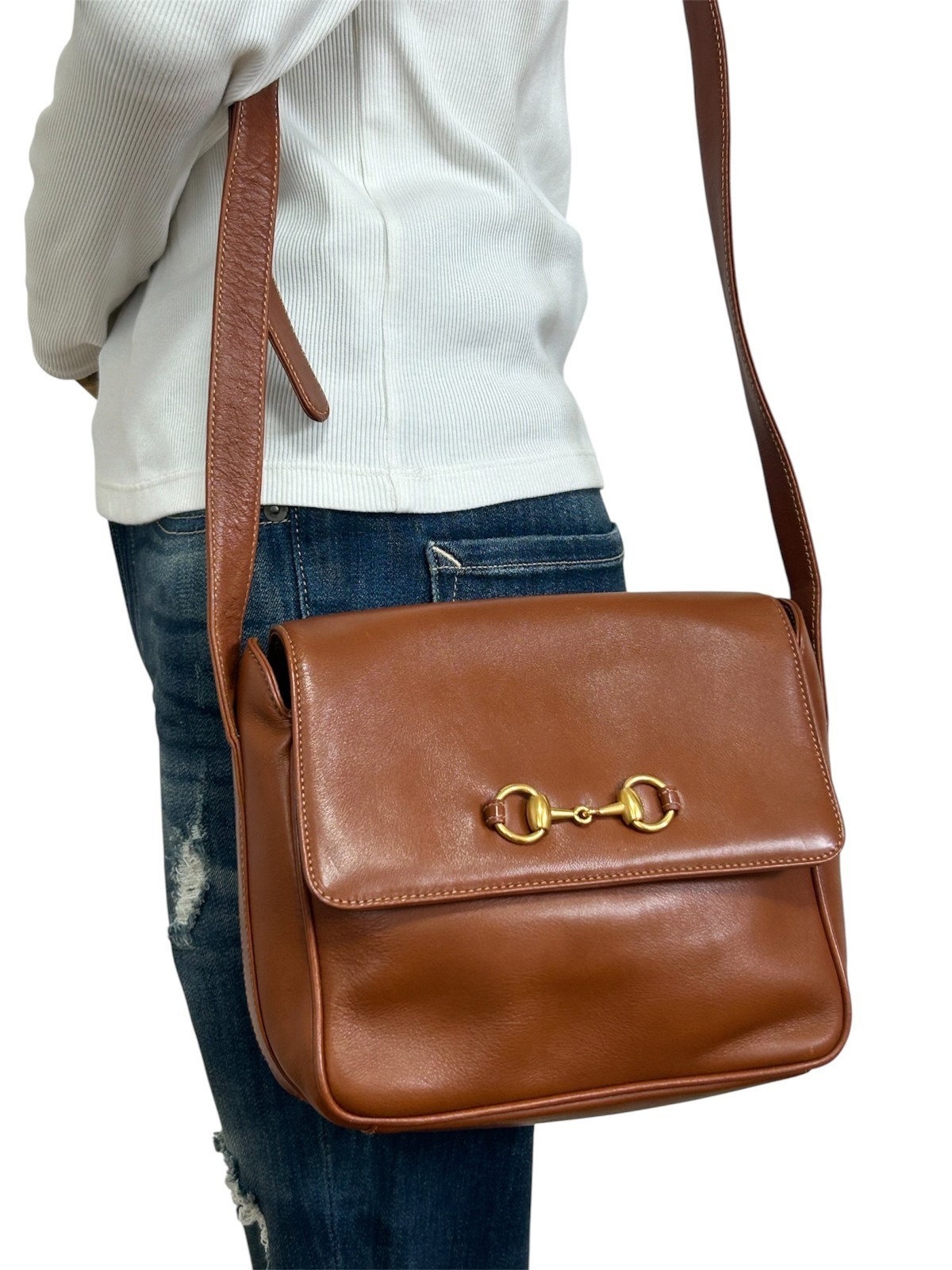 Vintage Gucci Shoulder Bag Horsebit Leather Brown Authentic