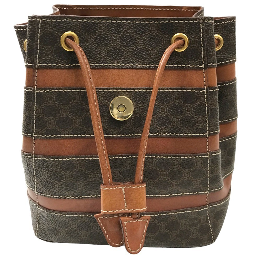 Auth Celine Backpack Macadam Striped Mini Brown Drawstring Women’s PVC Leather