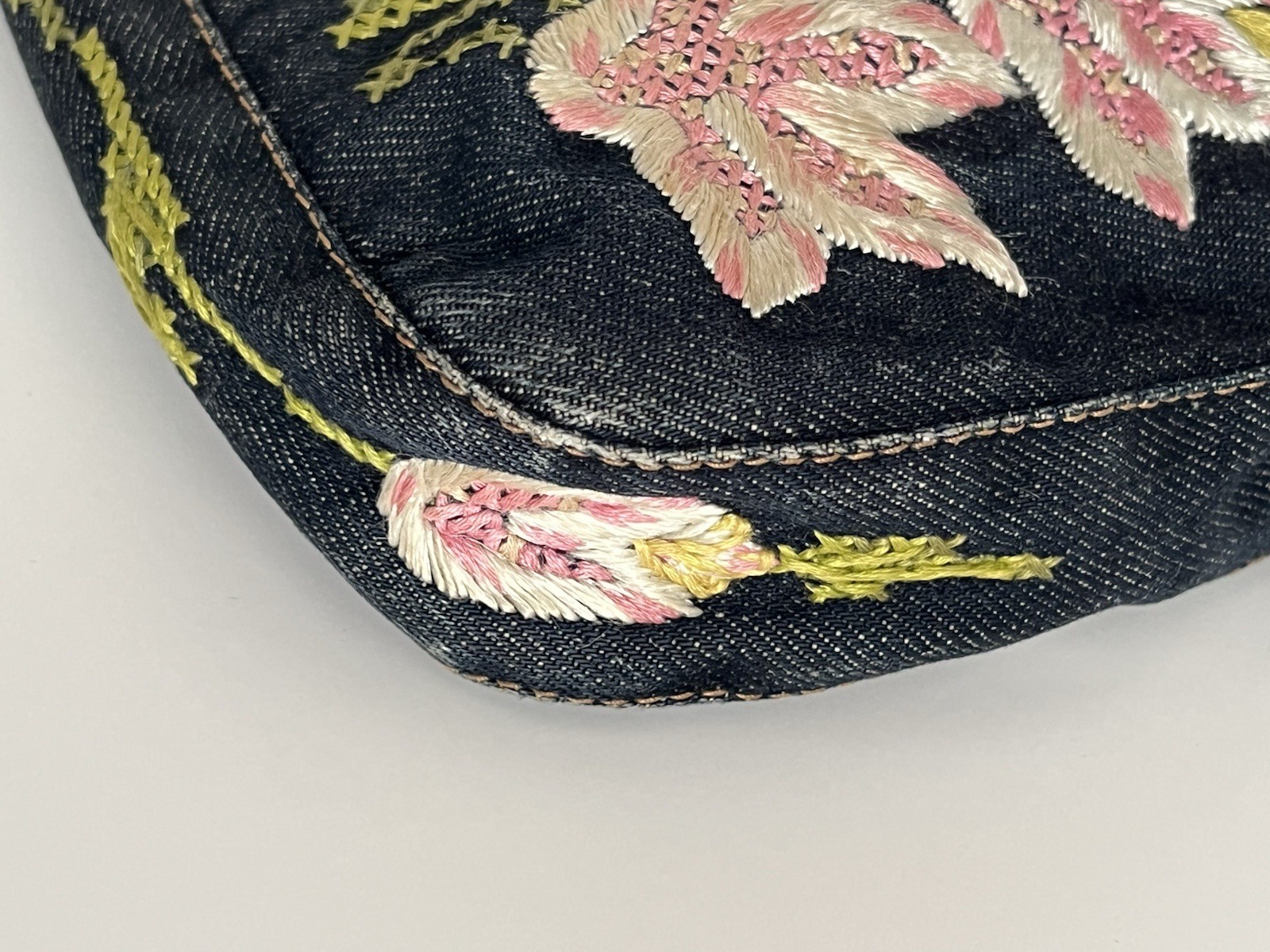 Authentic Vintage Fendi Y2K Indigo Denim Floral Embroidered Baguette Handbag