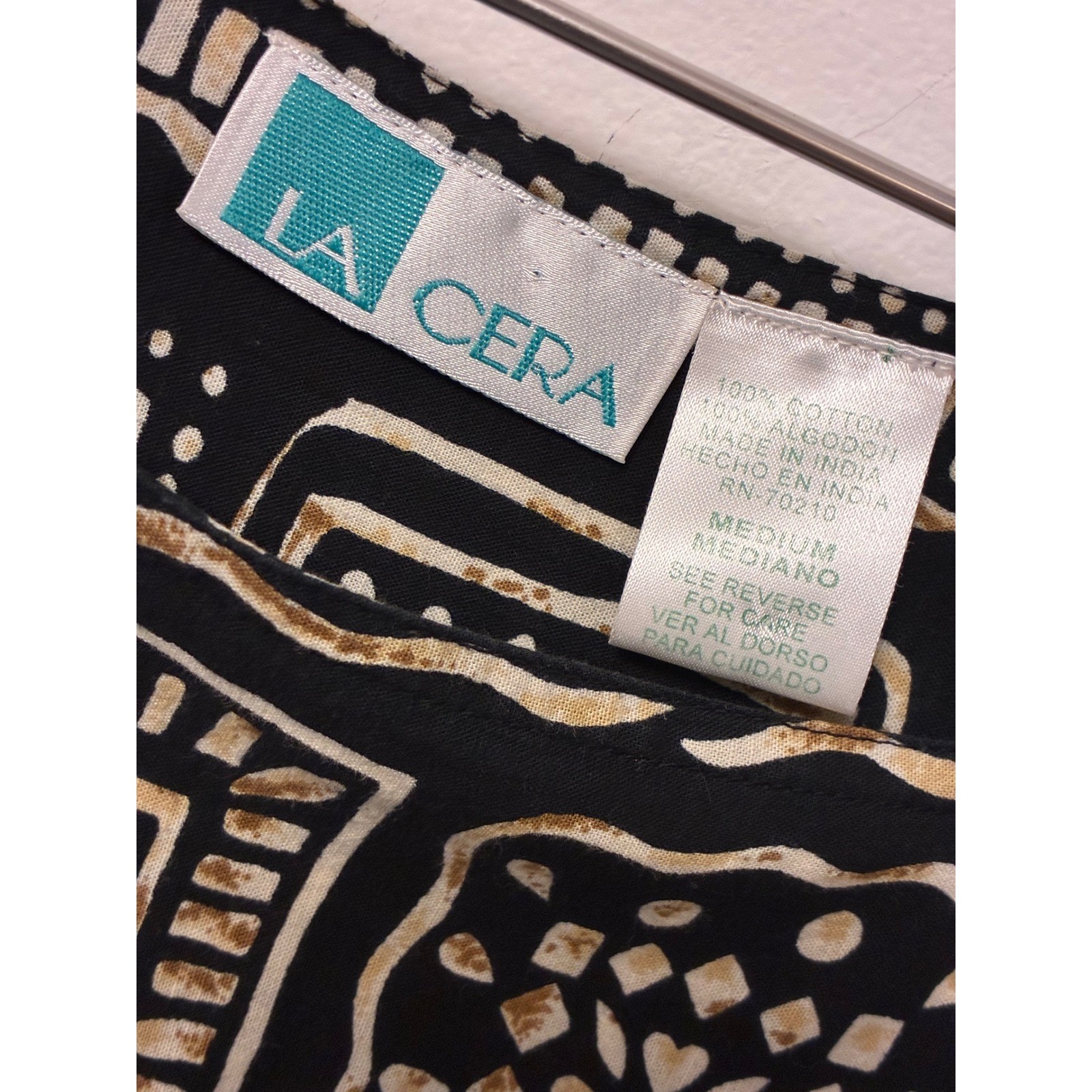 Vintage La Cera Cotton Batik Print Midi Dress Black Tan Geometric Pockets Medium