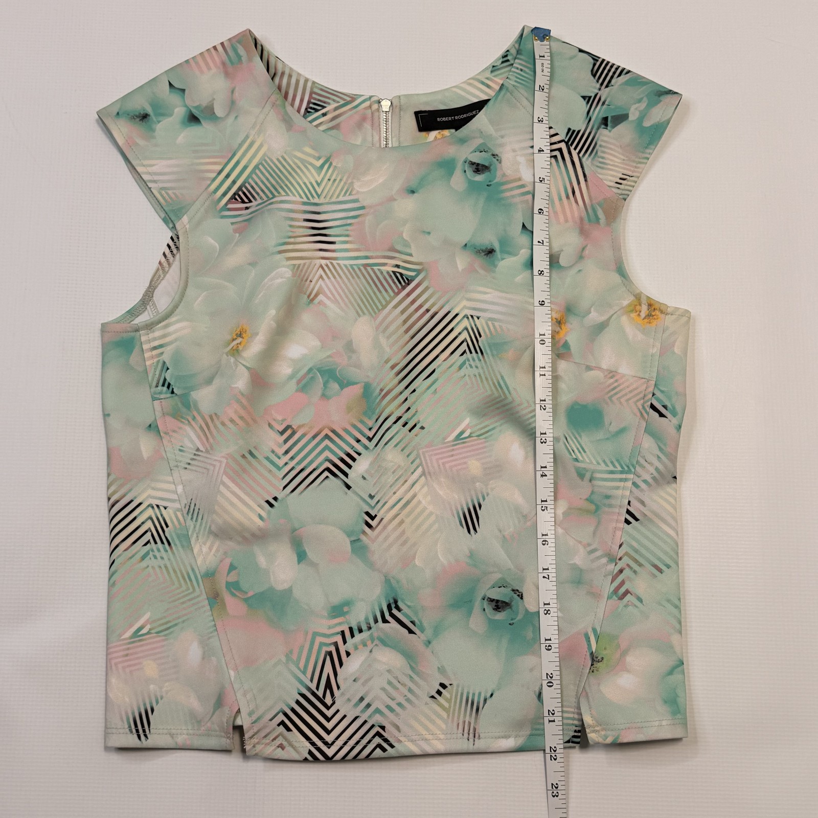 Robert Rodriguez Blouse Womens Medium Green Floral Geometric Zip Sleeveless Top