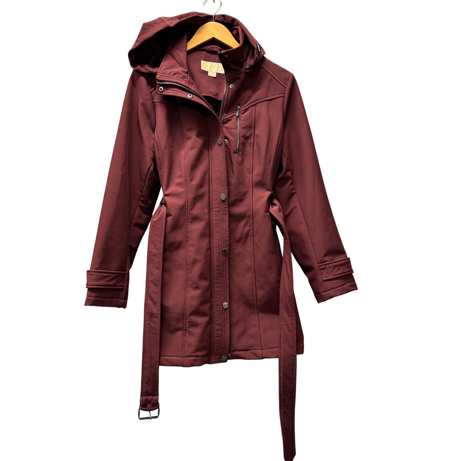 Michael Kors Softshell Jacket Womens Large Belted Hooded Burgundy Trench Coat