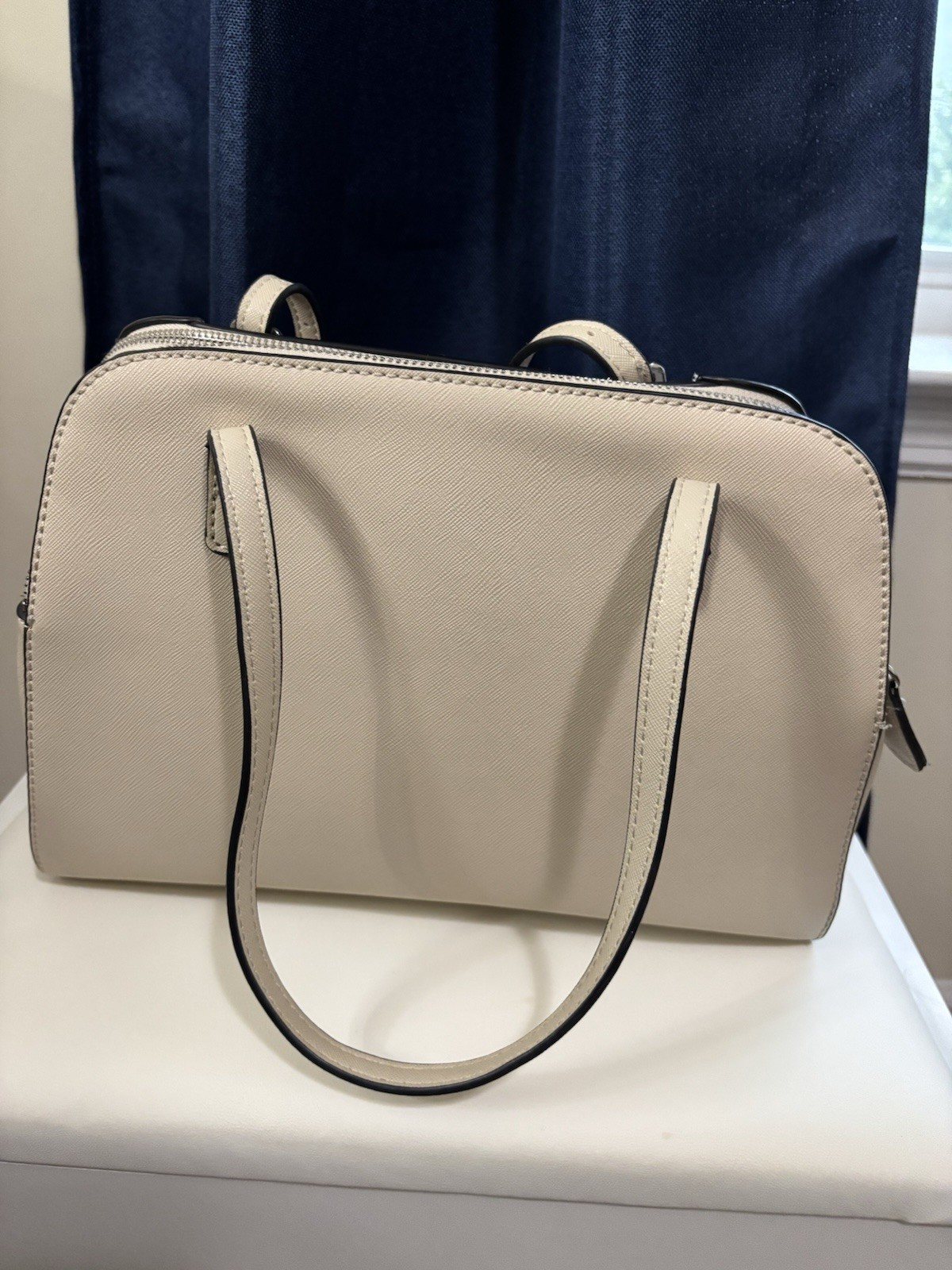 GUESS Beige Double Zip Satchel Top Handle Bag w/ Detachable Strap, Pockets
