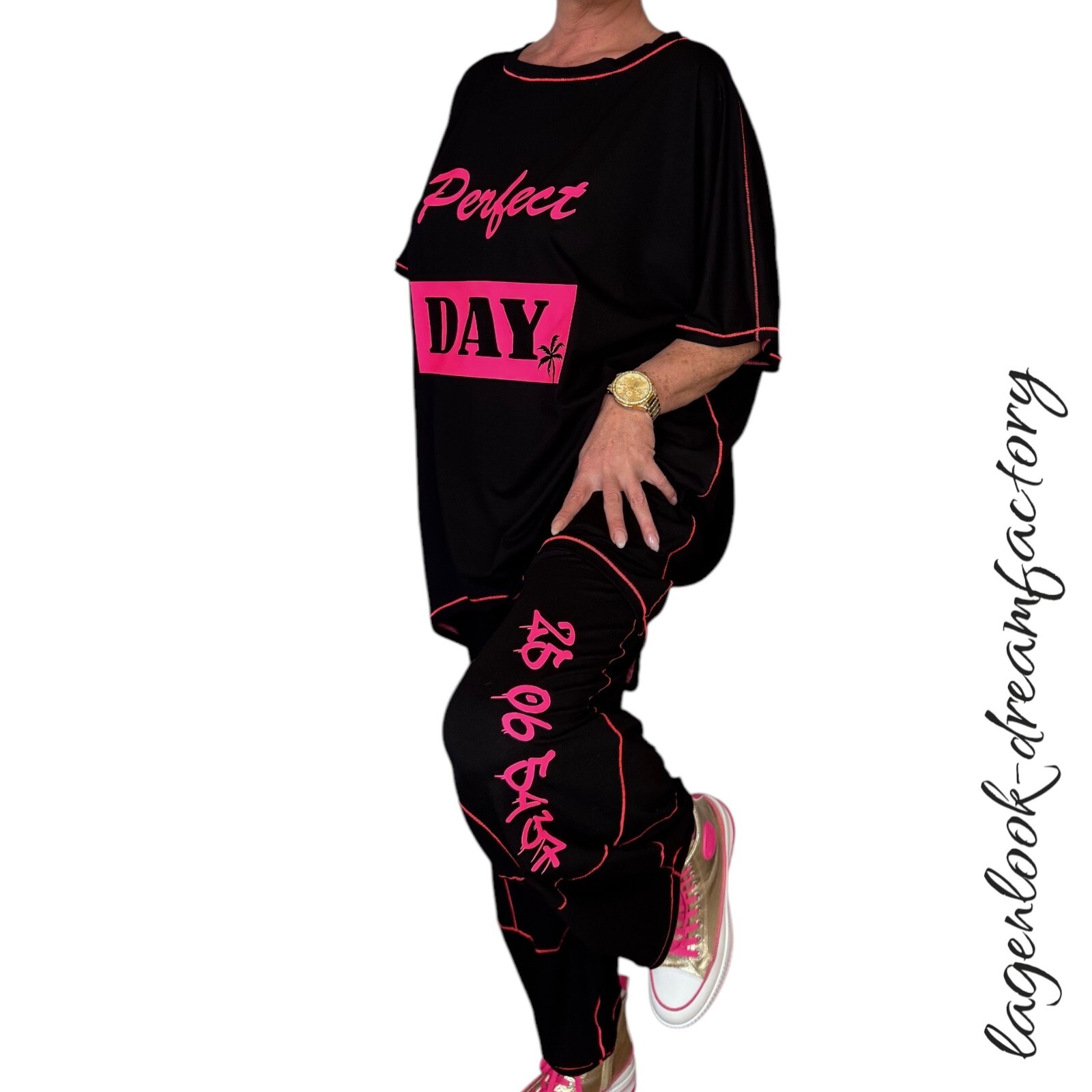 Lagenlook Balloon Jersey Jumper Short Sleeve Black Neon Pink 44 46 48 50 52 54 56 58