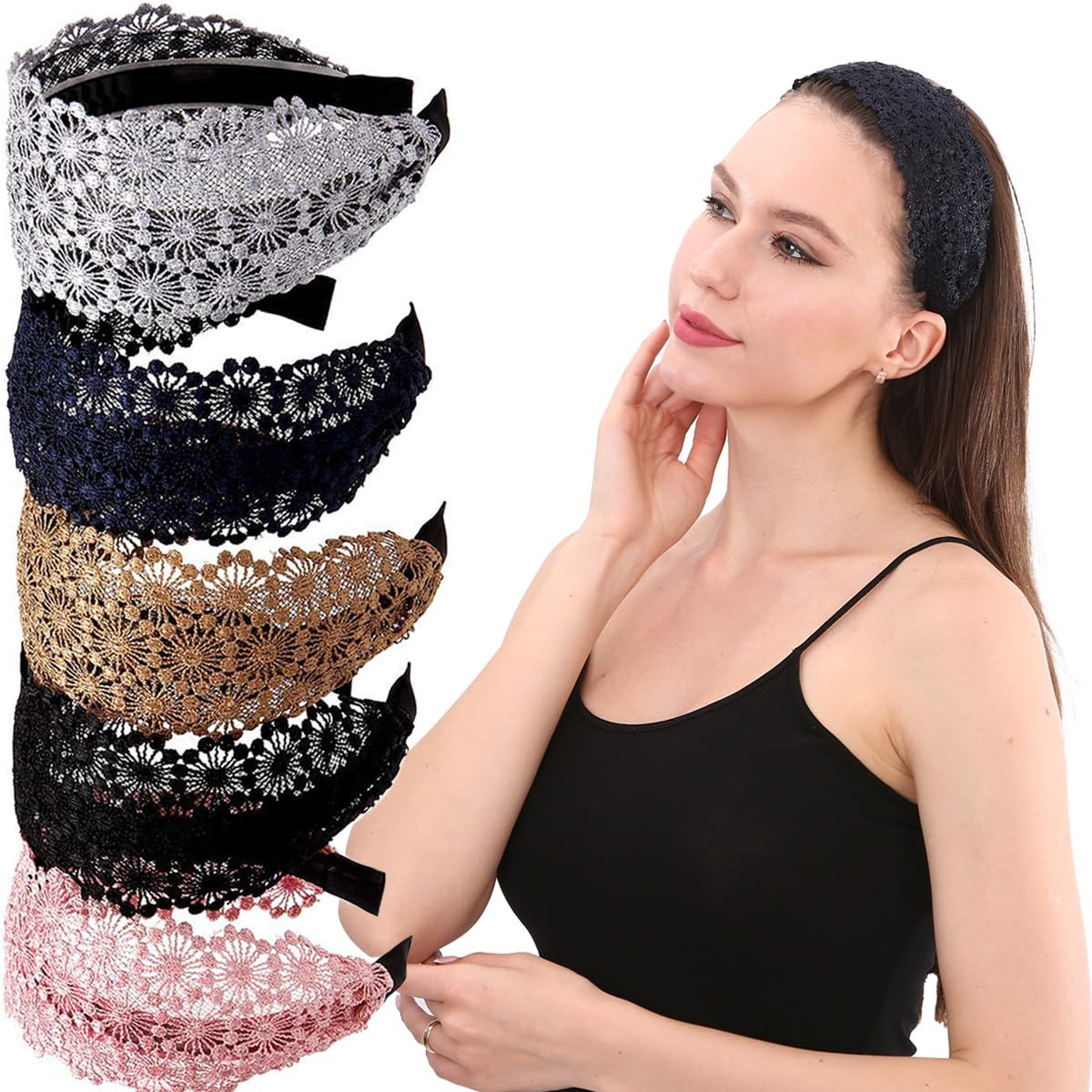 Non-Slip Multicolor Lace Headband Wide-Head Cutout Hard Headbands for Women and