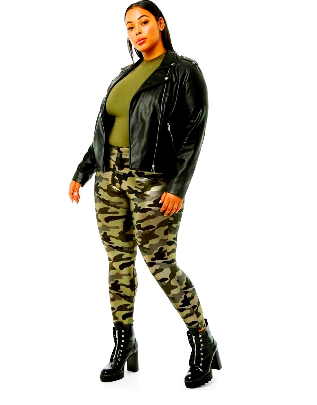Jack David Women’s Plus Size Army Green Camo Camouflage Soft Leggings 1X-2X-3X