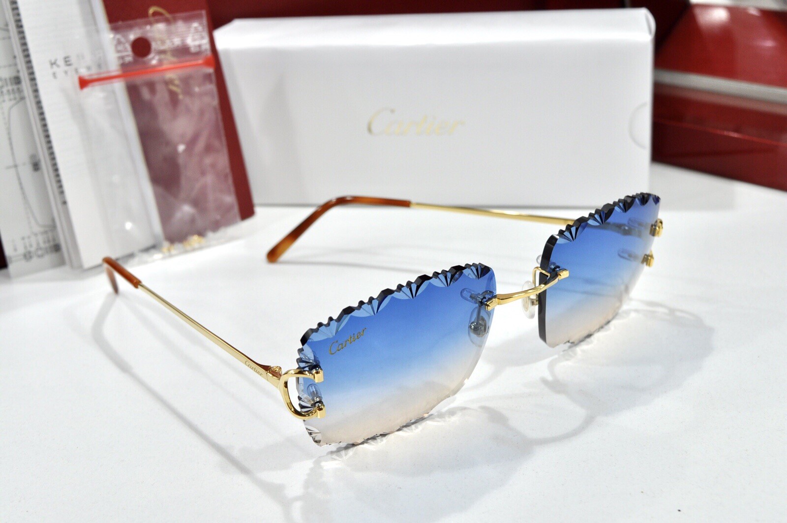 New Cartier rimless sunglasses fred glasses Diamond Cut decor BIG C gold Frame