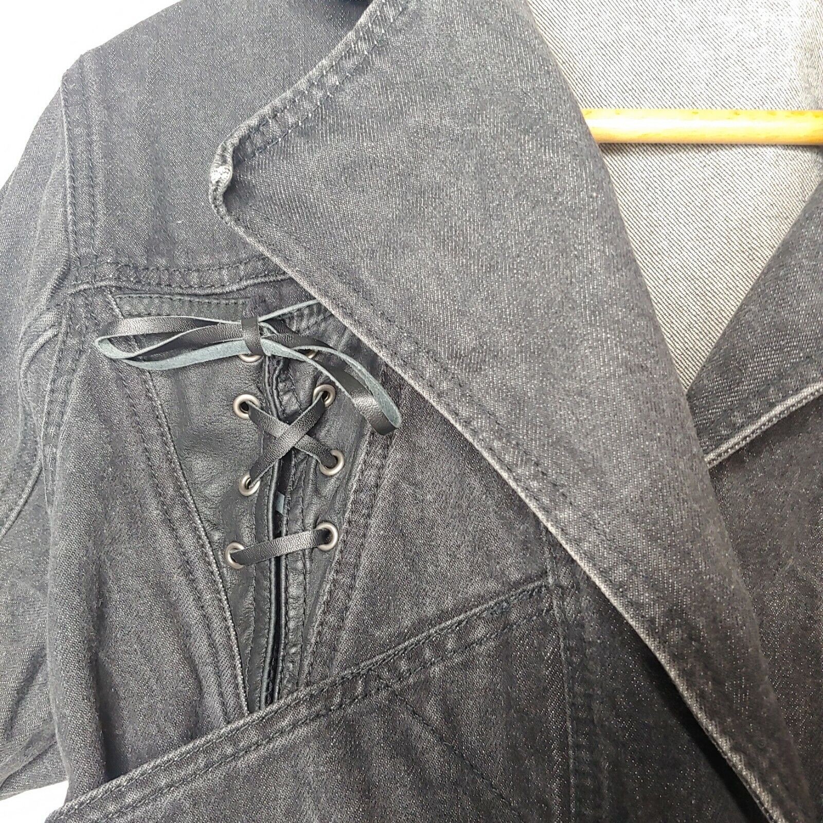 Vintage 1980s Paris Express Denim Jacket Small Snap V Neck Retro Lace Up Crop