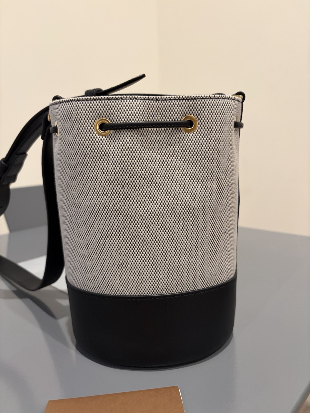 Burberry Black/Beige Bucket Drawstring Crossbody Bag Gold HW Logo Brand Card