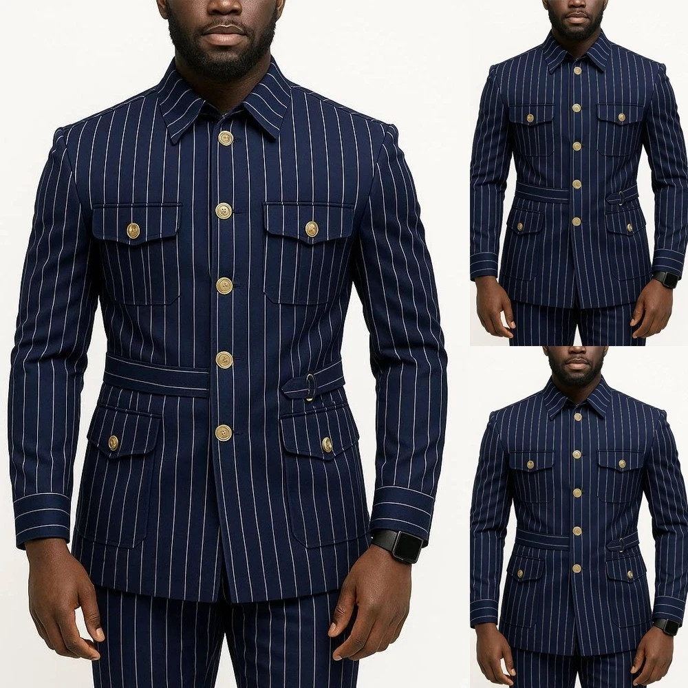 Navy Blue Pinstriped Men’s Suits Safari Jacket Wedding Outdoor Hunting Coat Pant