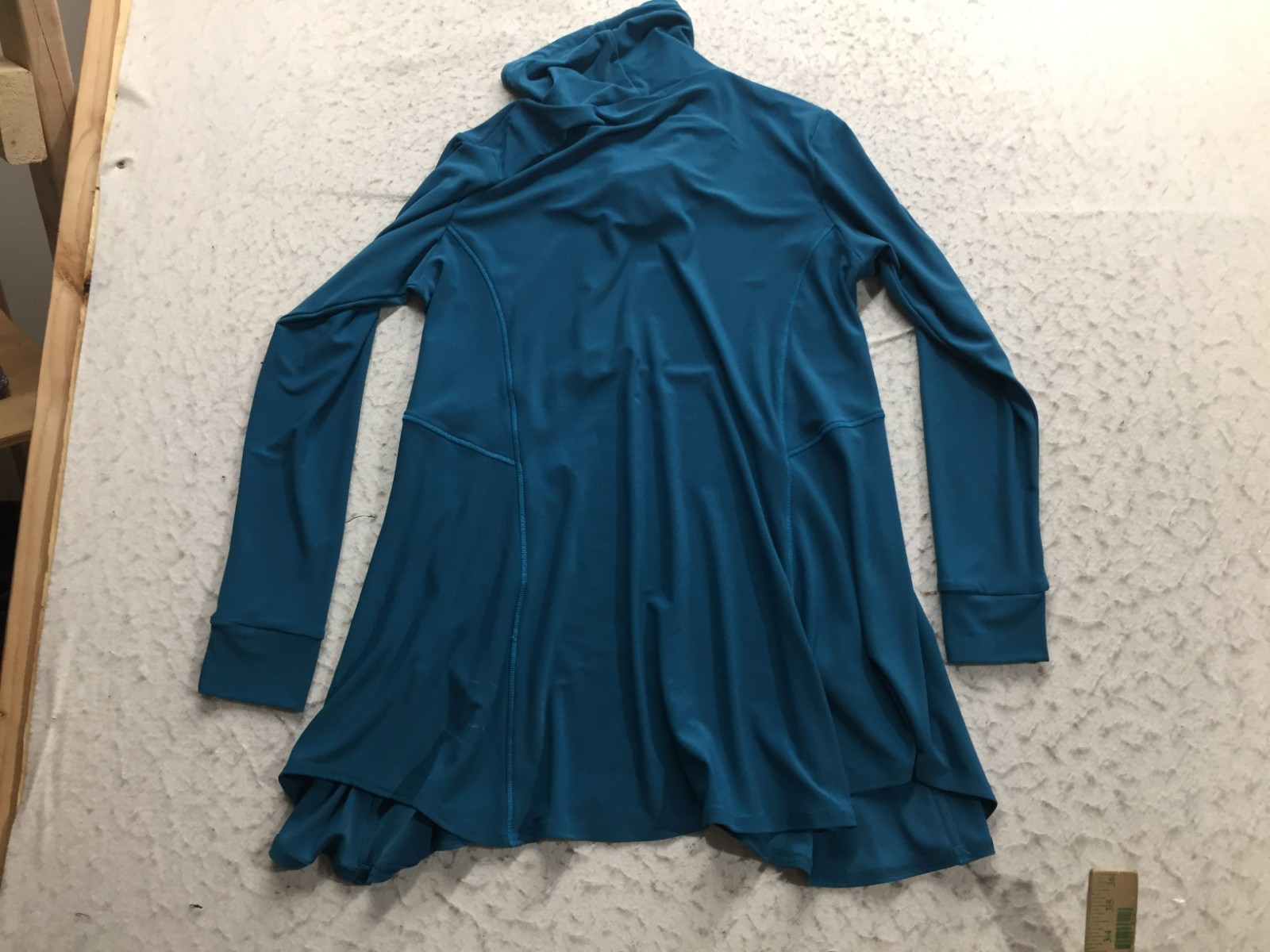 Sympli Tunic Blouse Womens 10 Dark Teal Cowl Neck Drawstring Long Sleeve Stretch