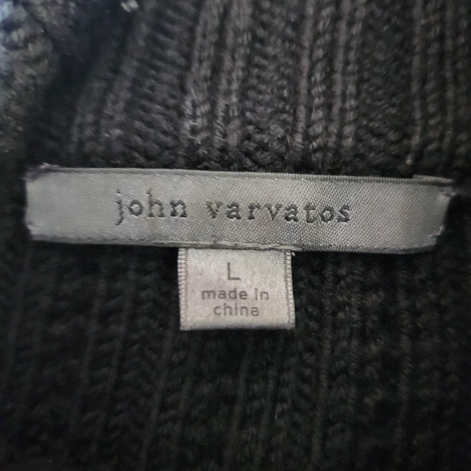 John Varvatos Mens L Black Merino Wool Lamb Leather Elbow Patches Zip-Up Sweater