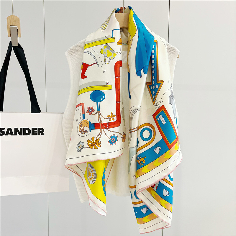 Teatime Print Pure Twill Silk Wrap Scarf Bandana Large Square Shawl Kerchief 53″