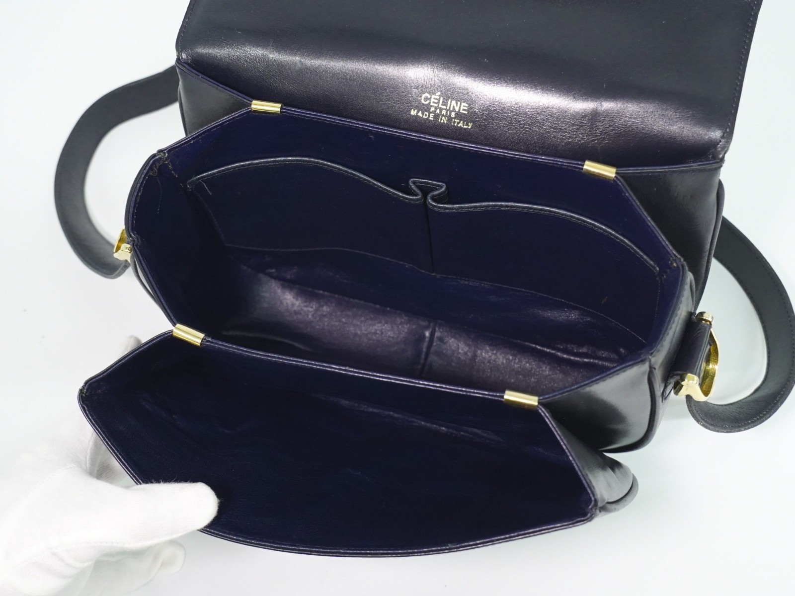 CELINE Horse Carriage Hardware Leather Shoulder Bag Navy Gold