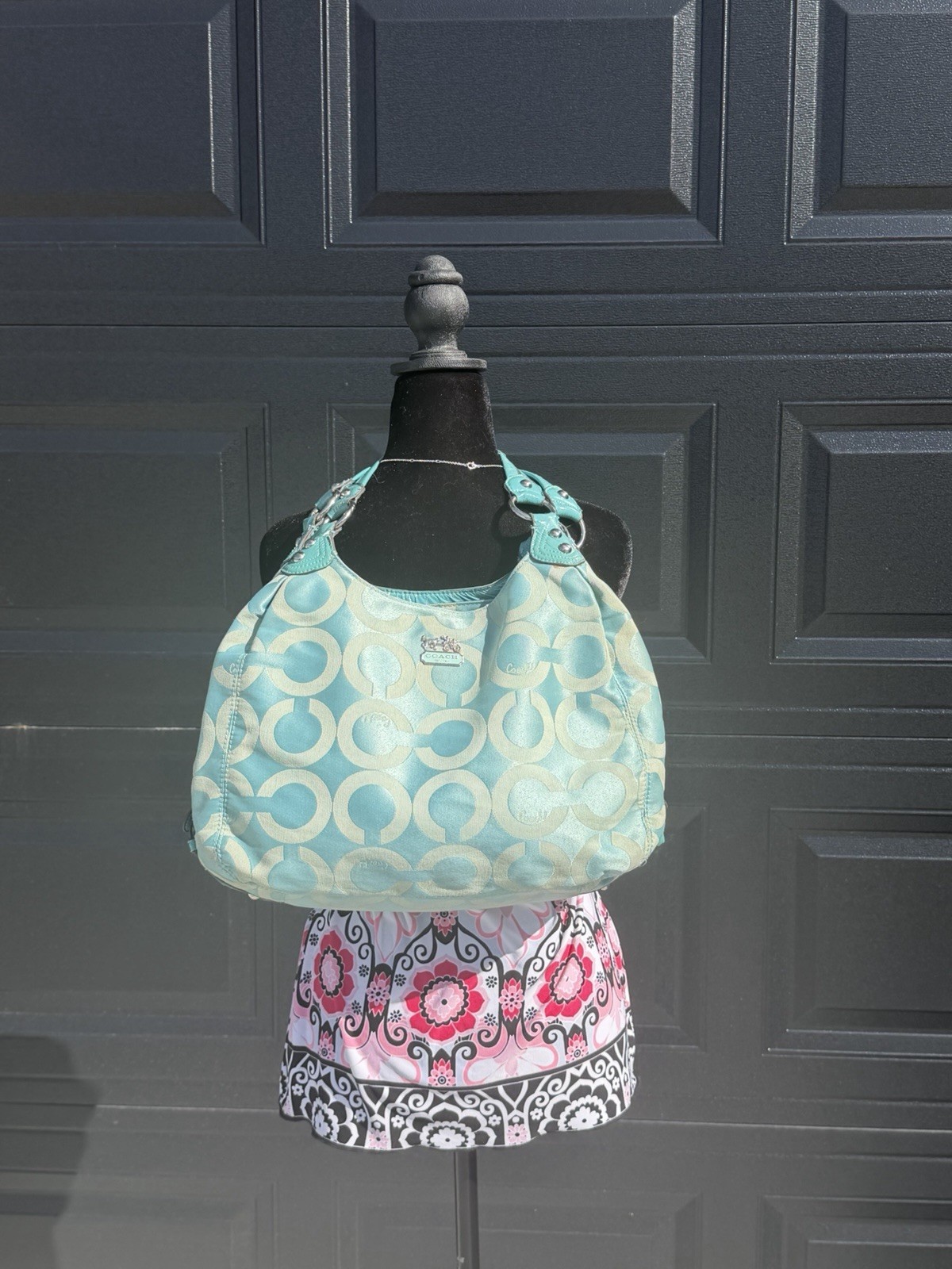 Coach Optic Signature Sateen Aqua Blue Hobo Pink Lining Shoulder Bag 17439