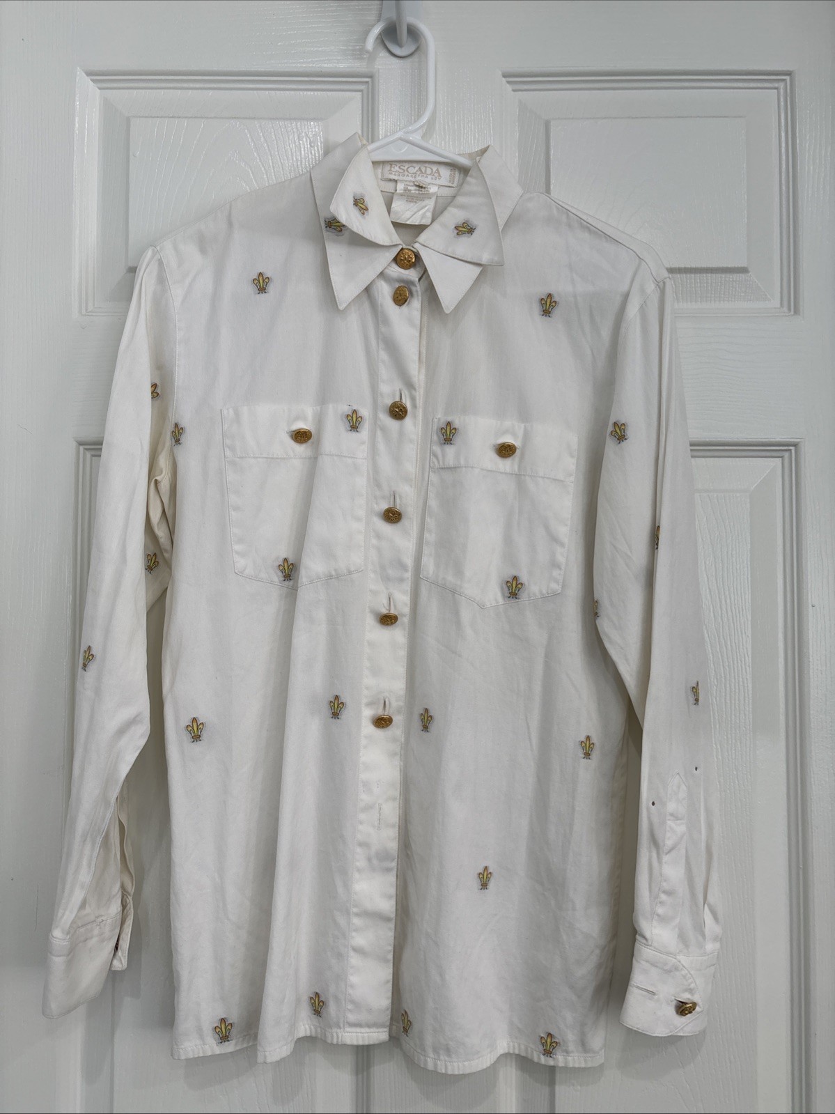VTG ESCADA Margaetha Ley fleur-de-lis Embroidered Gold Button Blouse 34 Germany