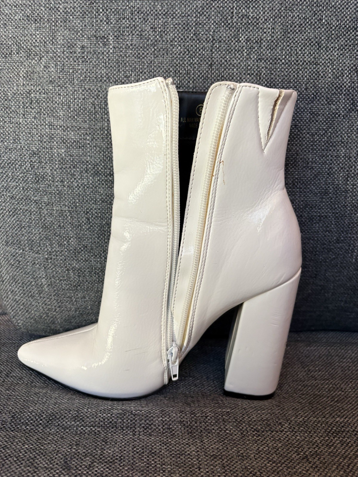 Women’s White Patent Leather Ankle Bootie Pointed Toe Block Heel Zip US 8