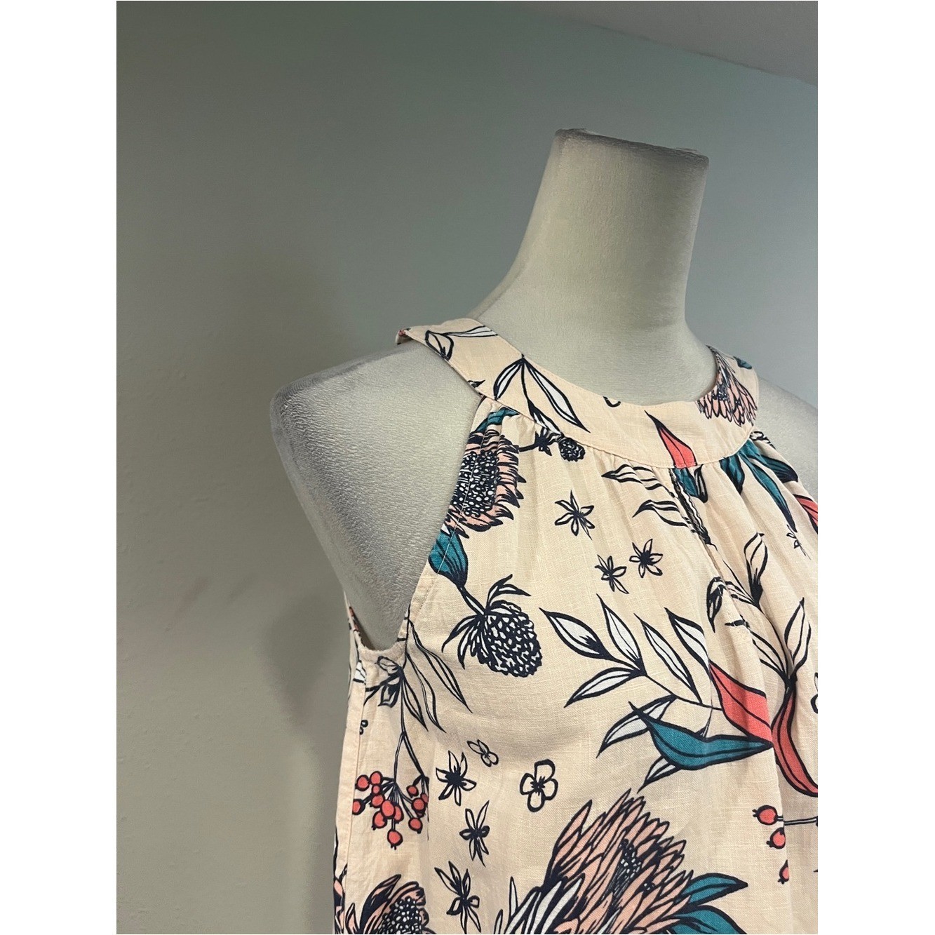Rachel Ashwell Sleeveless Floral Halter Dress in Cream with Teal & Coral Accents