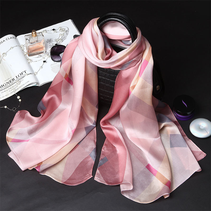 100% Pure Silk Scarf Women Large Long Scarf Shawl Check Style 71″*26″