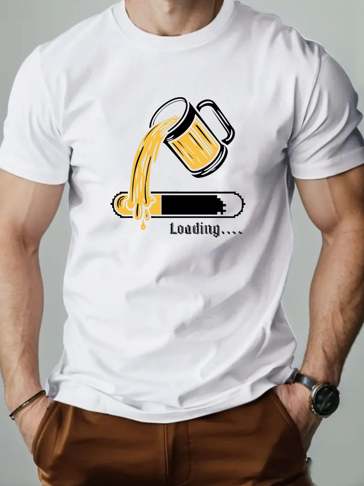 Casual black T-Shirt-Beer Graphic,Slight Stretch – Regular Fit