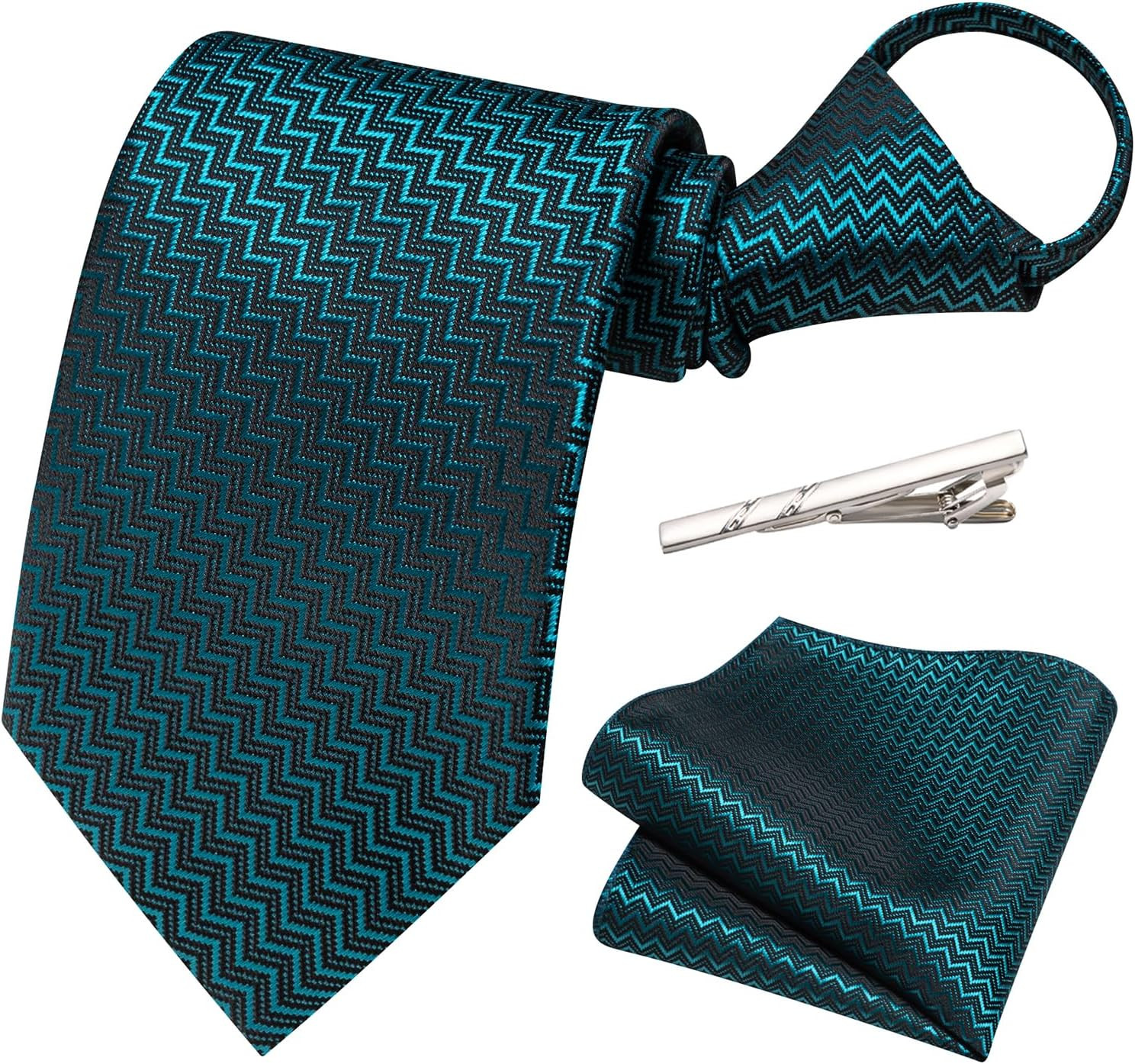 Pre-Tied Zipper Tie and Pocket Square Set Adjustable Silk Necktie Handkerchief T