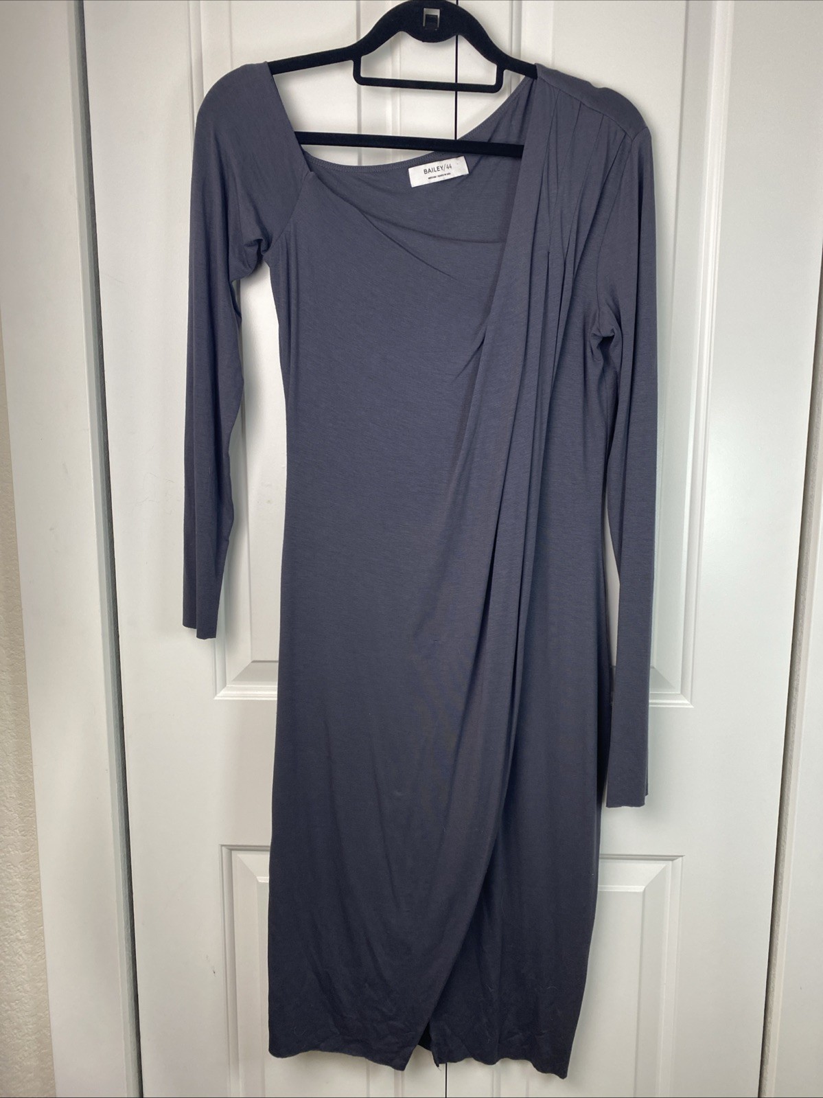 Bailey 44 Form Fitting Slate Gray Asymmetrical Pleated Lined Dress Size M (?)