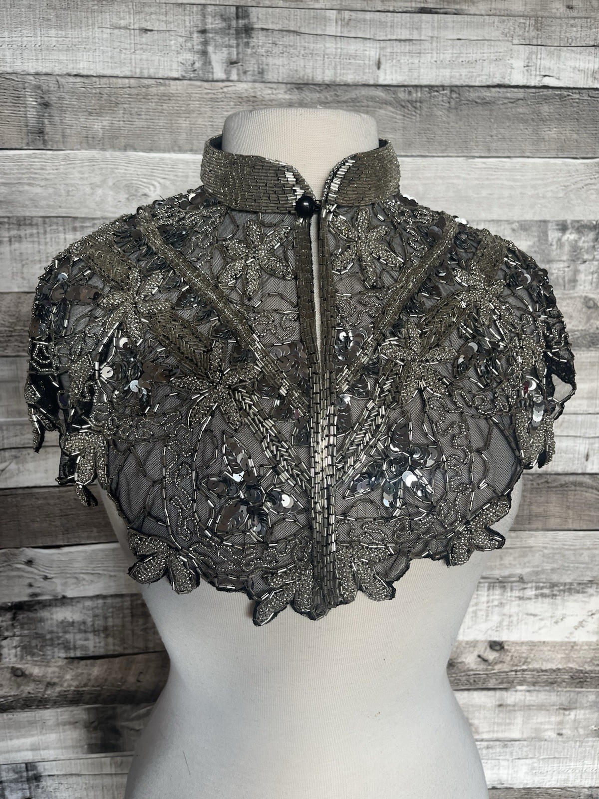 Sequin Beaded FULL Collar Shoulder Shrug Shawl Wrap Applique Black/Silver