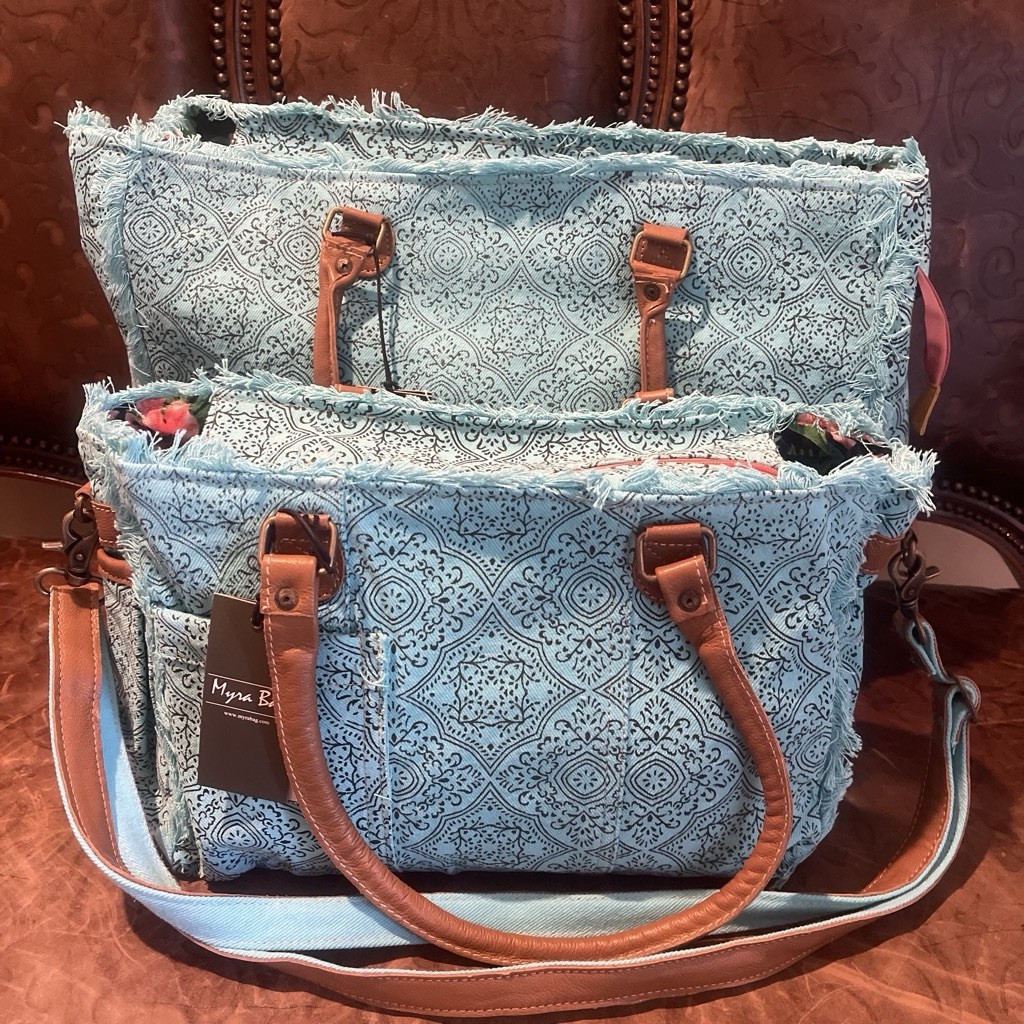 Myra Bag Blue Geometric Tote with Fringe, Outer Pockets & Detachable Strap