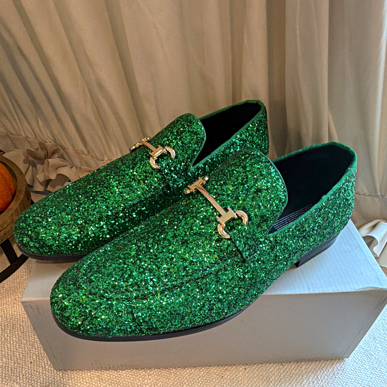 Bravo Men’s Green Glitter Slip-On Dress Loafers Horsebit Round Toe 8.5