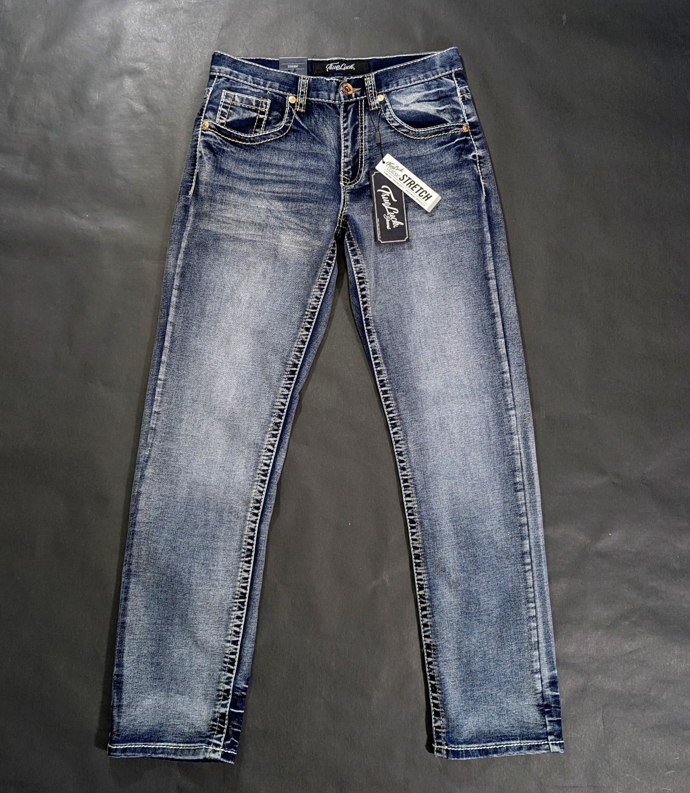 True Luck Mens Straight Leg Jeans Medium Stretch Denim Size 30×32 Embroidered