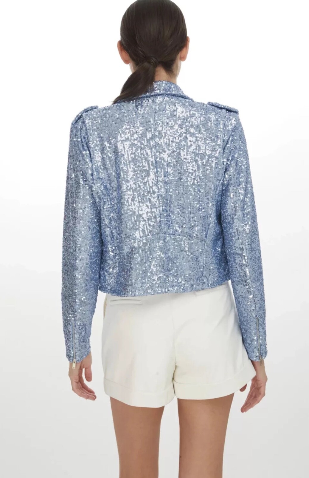Generation Love Robin Sequin Moto Jacket Long Sleeves Cropped Silver Blue Sz XS